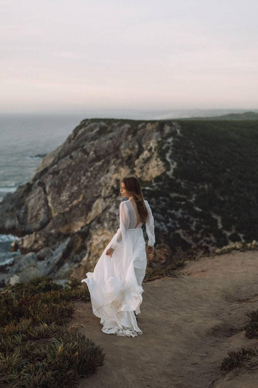 Boho Chiffon Wedding Dress, Open Back A-Line Bridal Gown, Long Sheer Sleeves, V-Neck Flowy Sweep Train, Custom Made to O