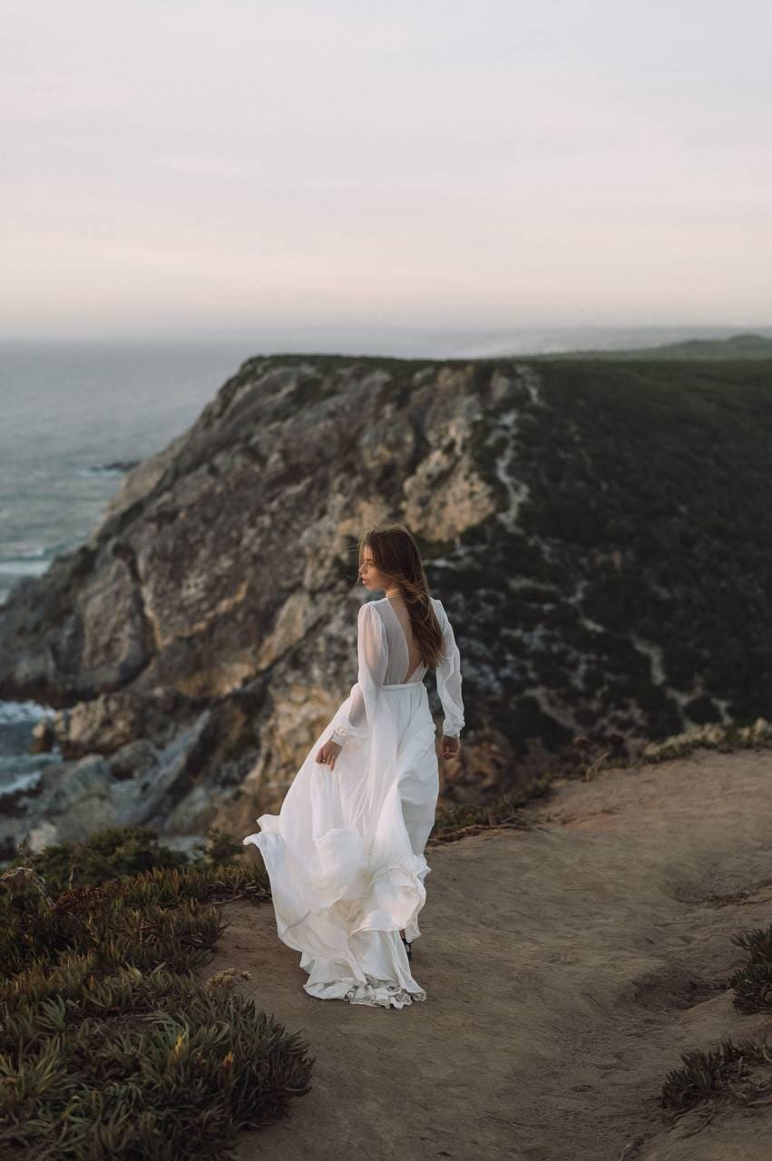 Boho Chiffon Wedding Dress, Open Back A-Line Bridal Gown, Long Sheer Sleeves, V-Neck Flowy Sweep Train, Custom Made to O