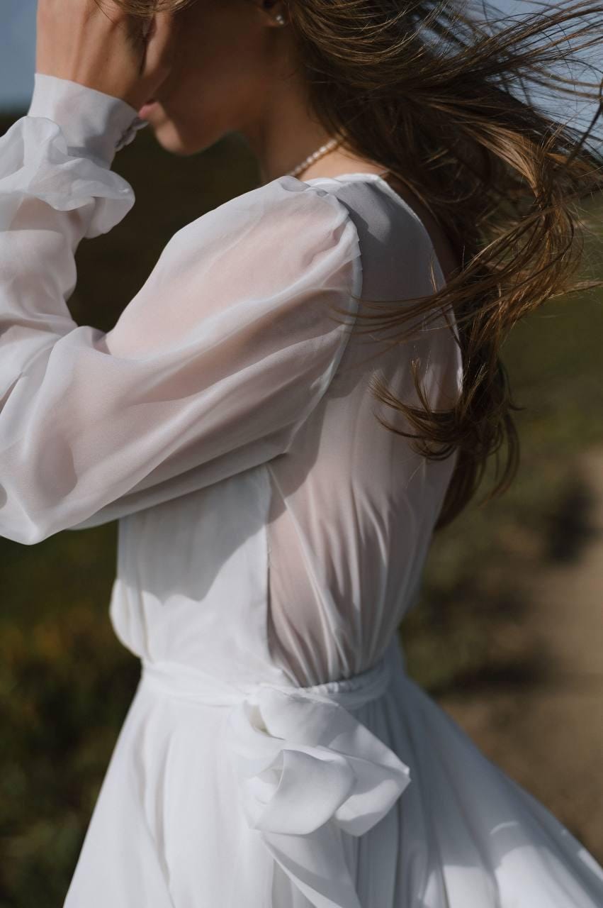 Boho Chiffon Wedding Dress, Open Back A-Line Bridal Gown, Long Sheer Sleeves, V-Neck Flowy Sweep Train, Custom Made to O