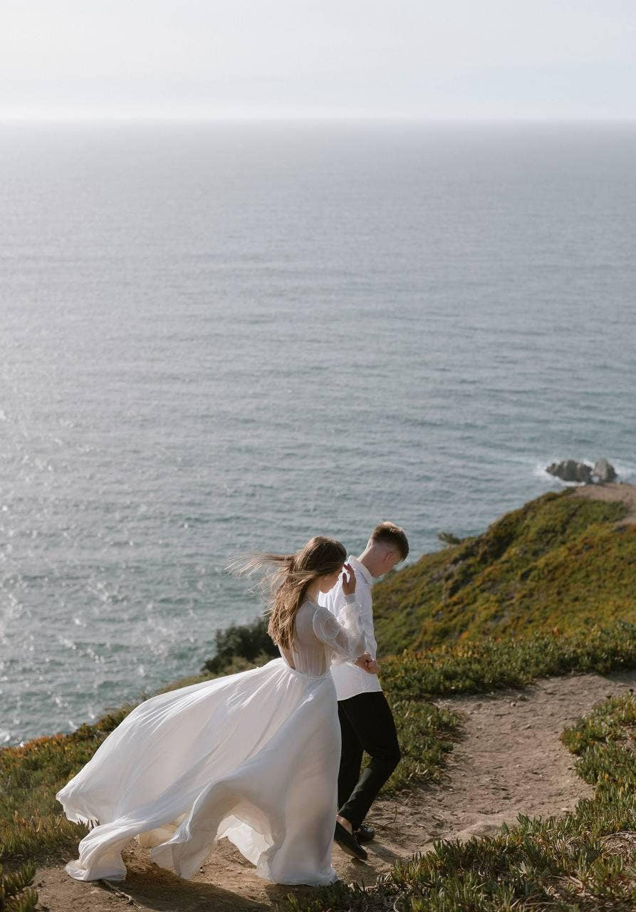 Boho Chiffon Wedding Dress, Open Back A-Line Bridal Gown, Long Sheer Sleeves, V-Neck Flowy Sweep Train, Custom Made to O