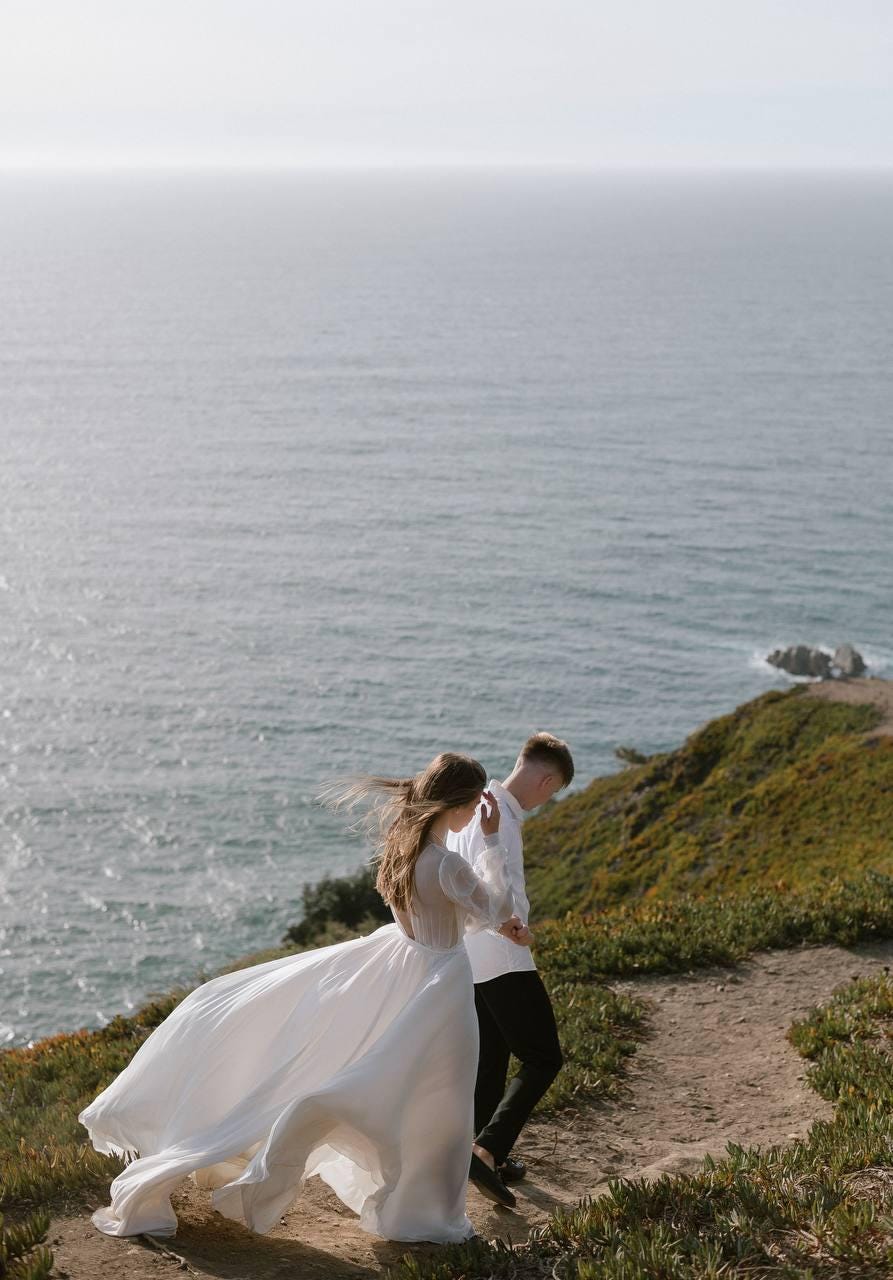Boho Chiffon Wedding Dress, Open Back A-Line Bridal Gown, Long Sheer Sleeves, V-Neck Flowy Sweep Train, Custom Made to O