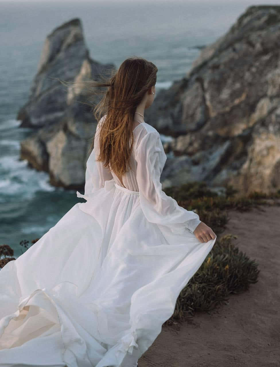 Boho Chiffon Wedding Dress, Open Back A-Line Bridal Gown, Long Sheer Sleeves, V-Neck Flowy Sweep Train, Custom Made to O