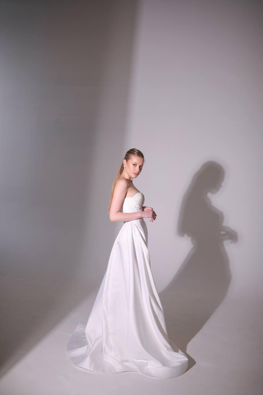 High Slit Wedding Dress, Strapless Satin A-Line Corset Gown, Custom Made