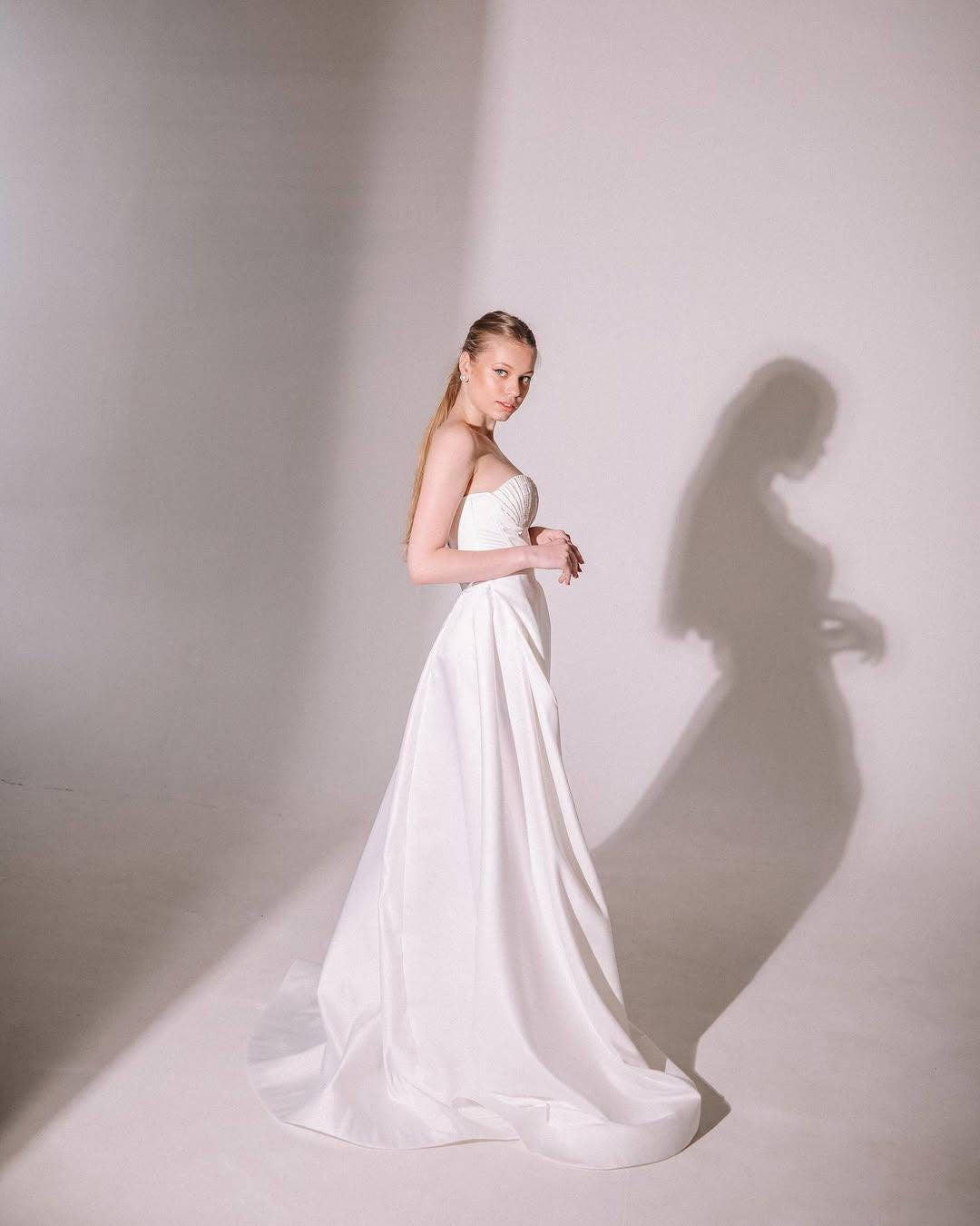 High Slit Wedding Dress, Strapless Satin A-Line Corset Gown, Custom Made