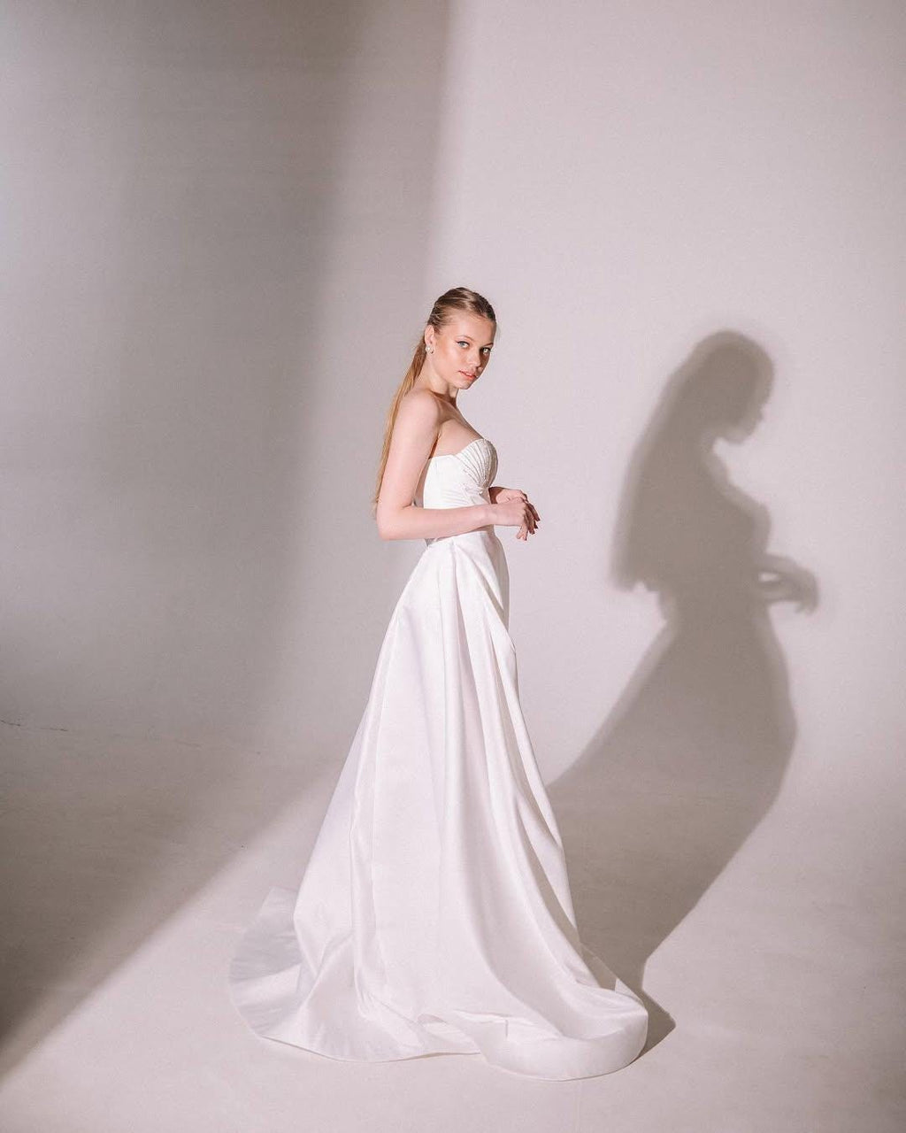 High Slit Wedding Dress, Strapless Satin A-Line Corset Gown, Custom Made