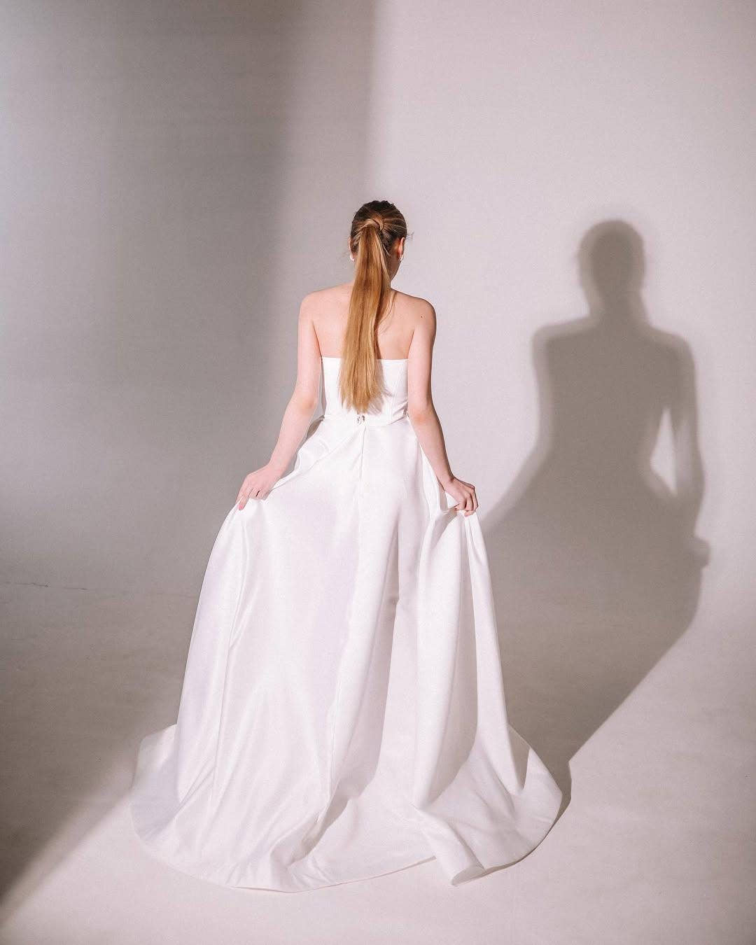 High Slit Wedding Dress, Strapless Satin A-Line Corset Gown, Custom Made