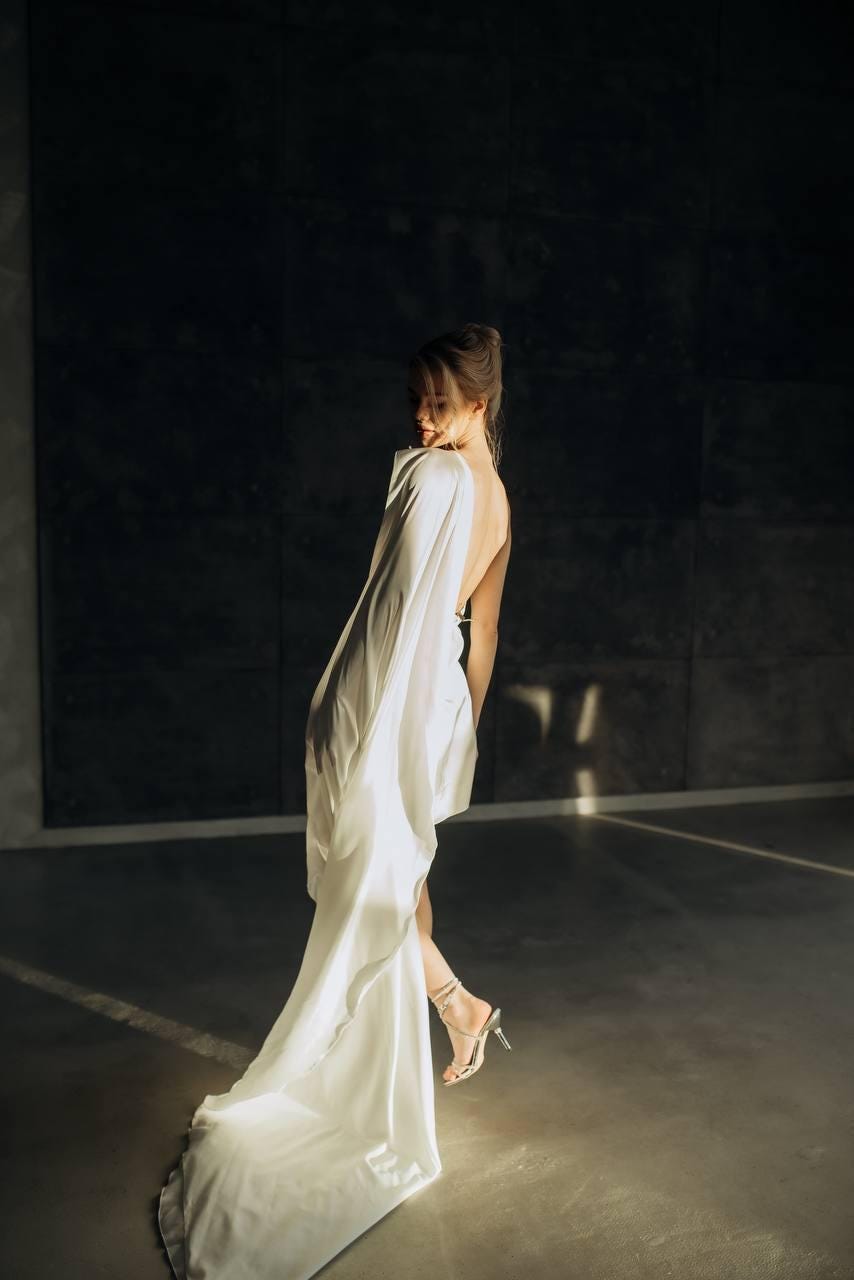 Minimalist One-Shoulder Satin Wedding Dress with Long Train, Ivory Custom Bridal Gown