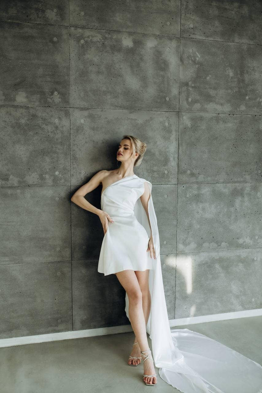 Minimalist One-Shoulder Satin Wedding Dress with Long Train, Ivory Custom Bridal Gown