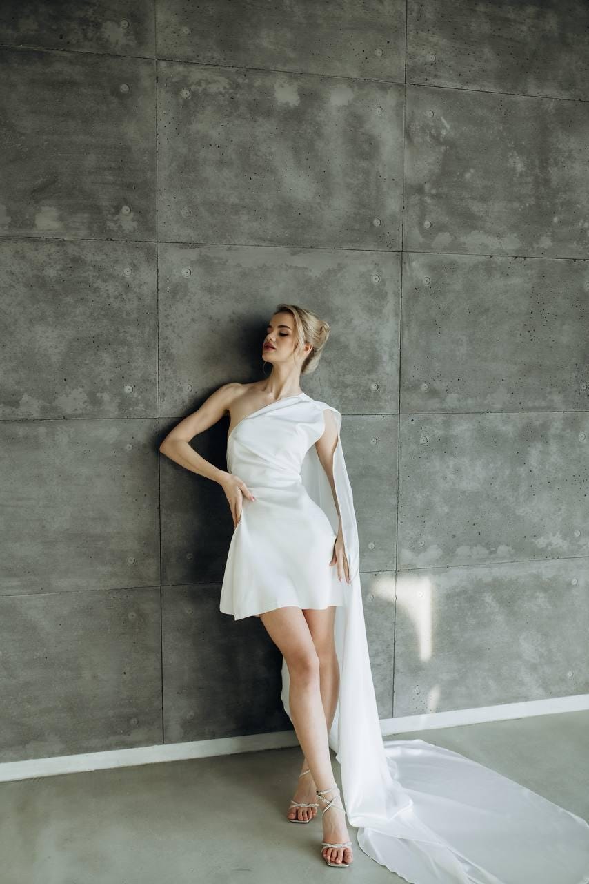 Minimalist One-Shoulder Satin Wedding Dress with Long Train, Ivory Custom Bridal Gown