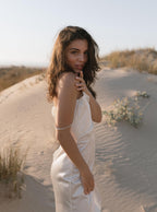 Solaria | Off‑Shoulder Silk Satin Wedding Dress with Open Back, Tailored Fit & Flowing Train, Minimalist Custom Gown