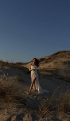 Solaria | Off‑Shoulder Silk Satin Wedding Dress with Open Back, Tailored Fit & Flowing Train, Minimalist Custom Gown