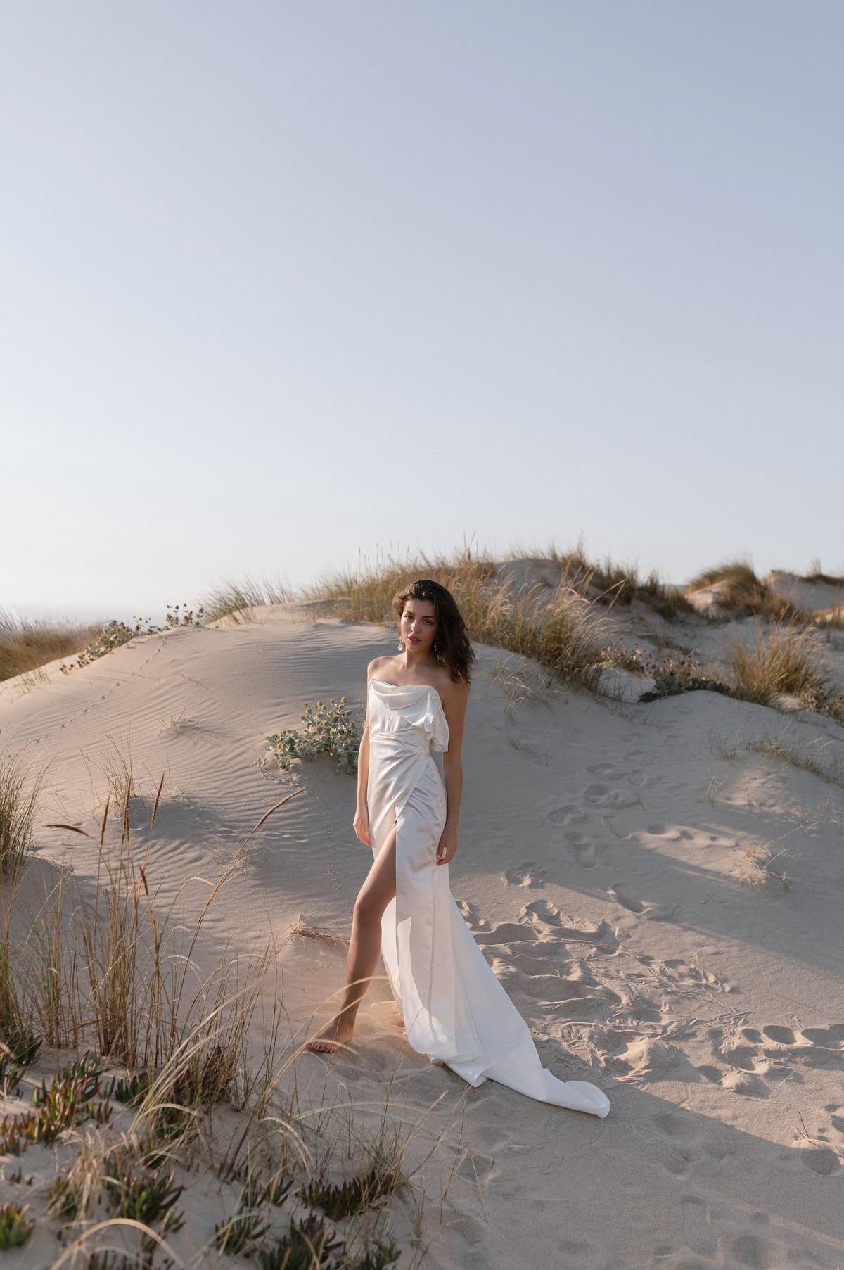 Solaria | Off‑Shoulder Silk Satin Wedding Dress with Open Back, Tailored Fit & Flowing Train, Minimalist Custom Gown