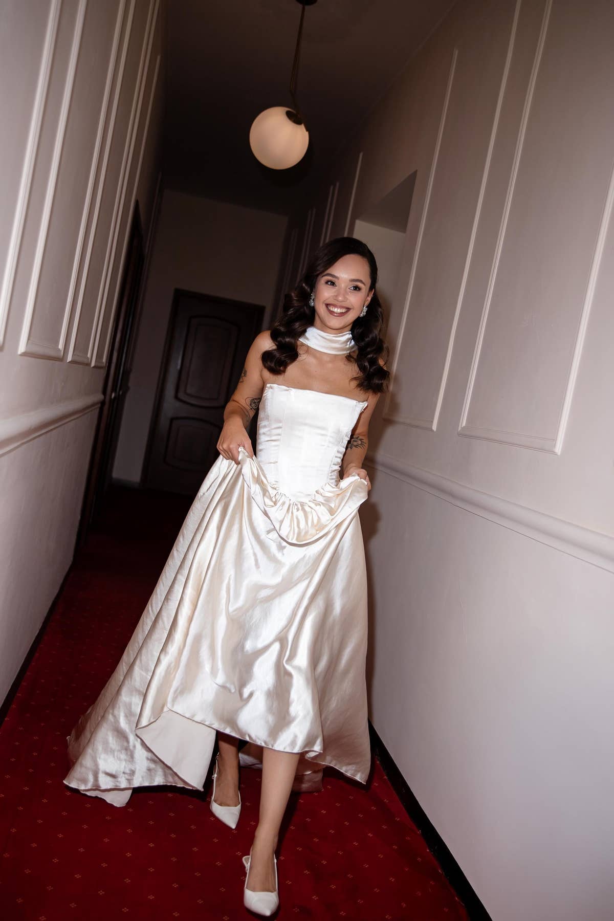 Drop Waist Satin Wedding Dress, Strapless A-Line Corset Cape Gown, Custom Made