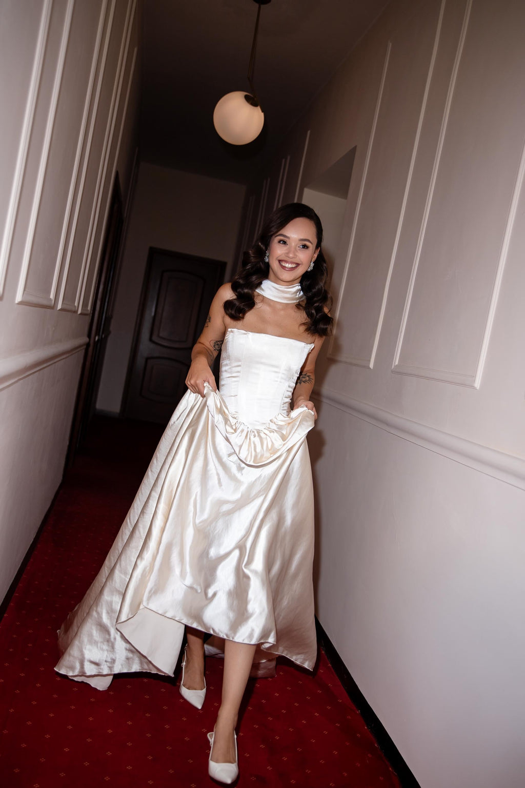 Drop Waist Satin Wedding Dress, Strapless A-Line Corset Cape Gown, Custom Made
