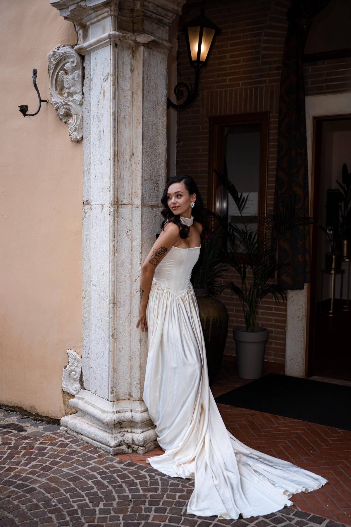 Drop Waist Satin Wedding Dress, Strapless A-Line Corset Cape Gown, Custom Made