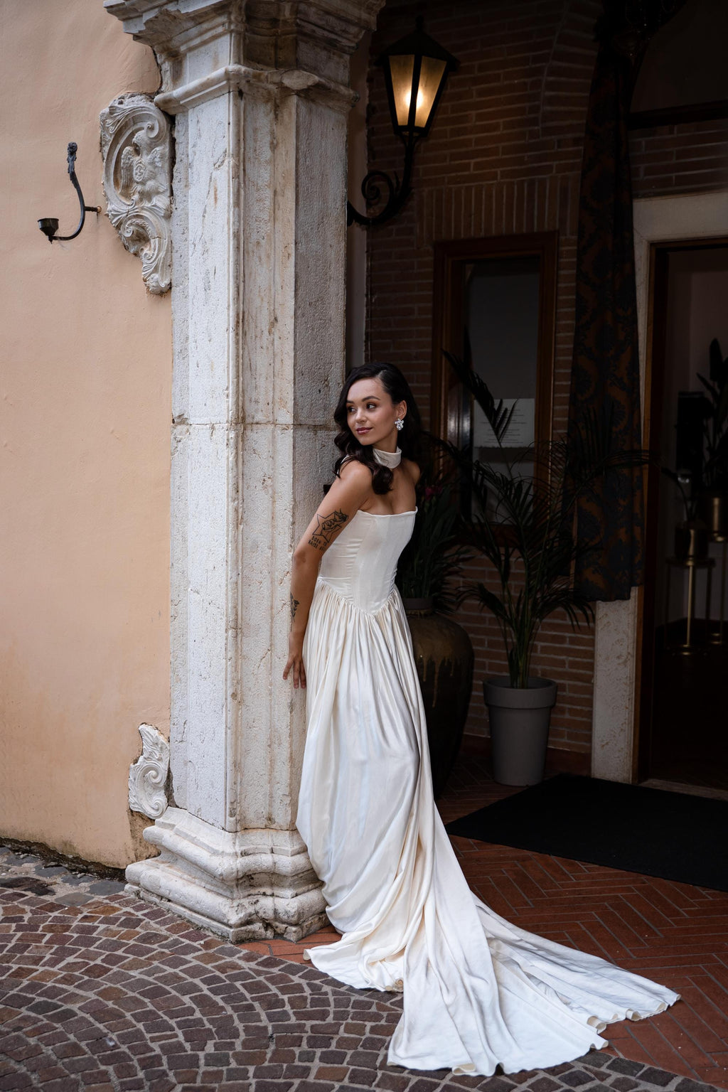 Drop Waist Satin Wedding Dress, Strapless A-Line Corset Cape Gown, Custom Made
