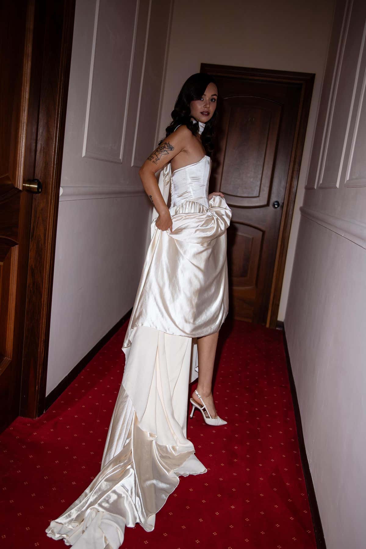 Drop Waist Satin Wedding Dress, Strapless A-Line Corset Cape Gown, Custom Made