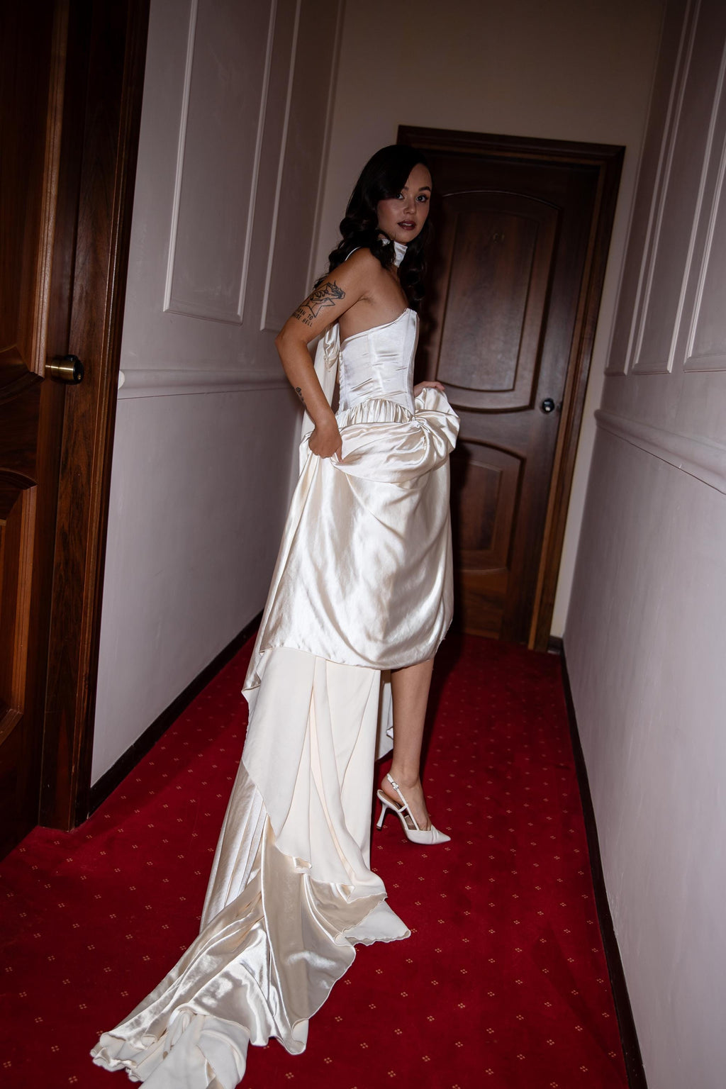 Drop Waist Satin Wedding Dress, Strapless A-Line Corset Cape Gown, Custom Made