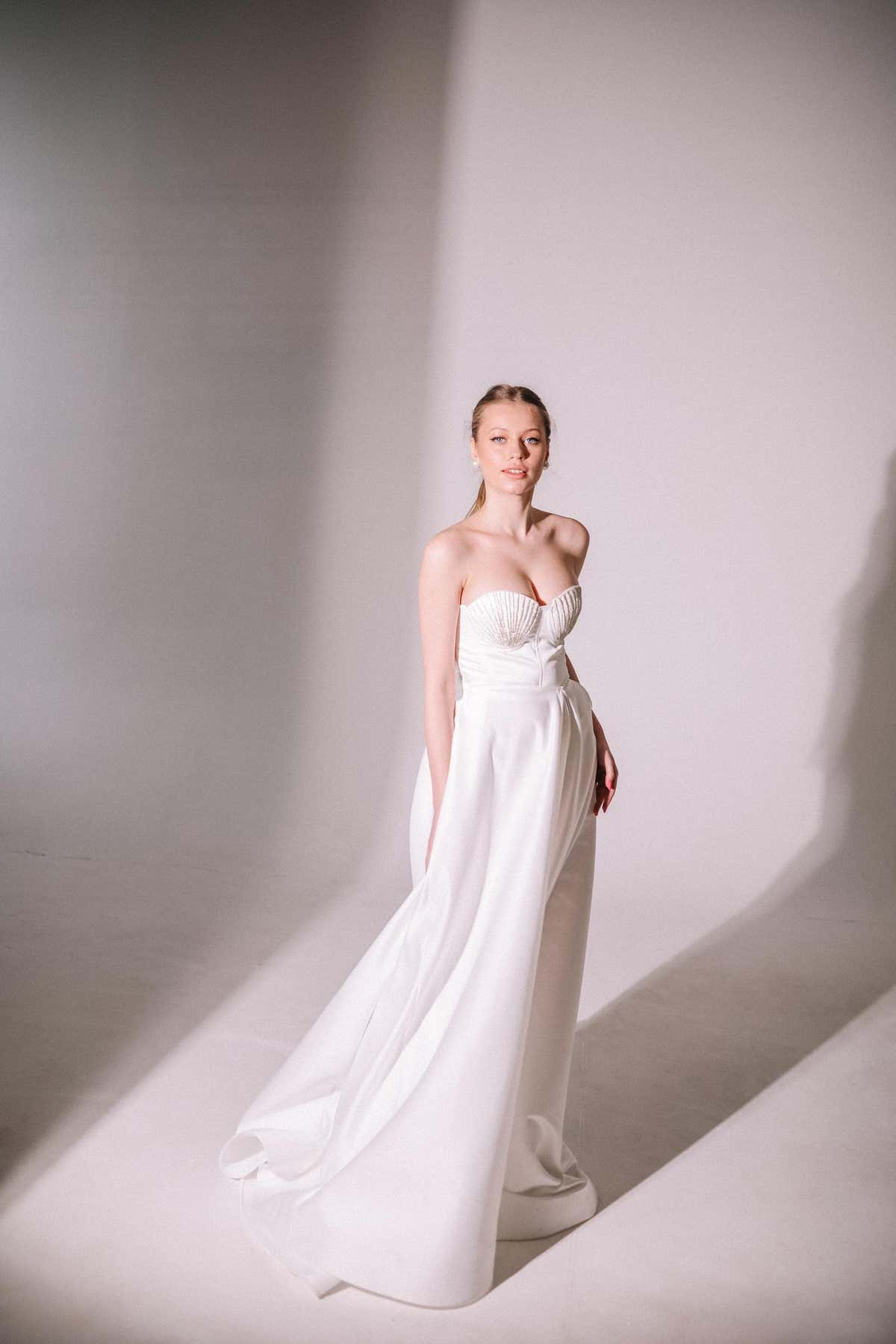 High Slit Wedding Dress, Strapless Satin A-Line Corset Gown, Custom Made