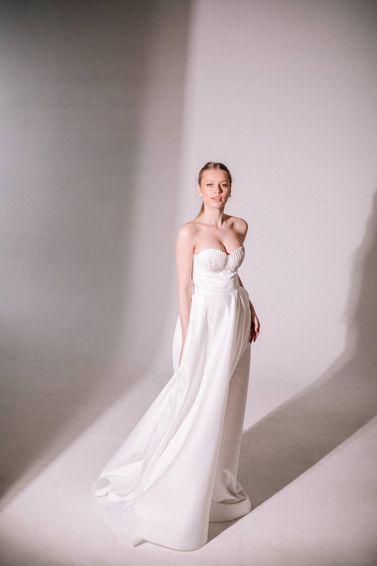High Slit Wedding Dress, Strapless Satin A-Line Corset Gown, Custom Made