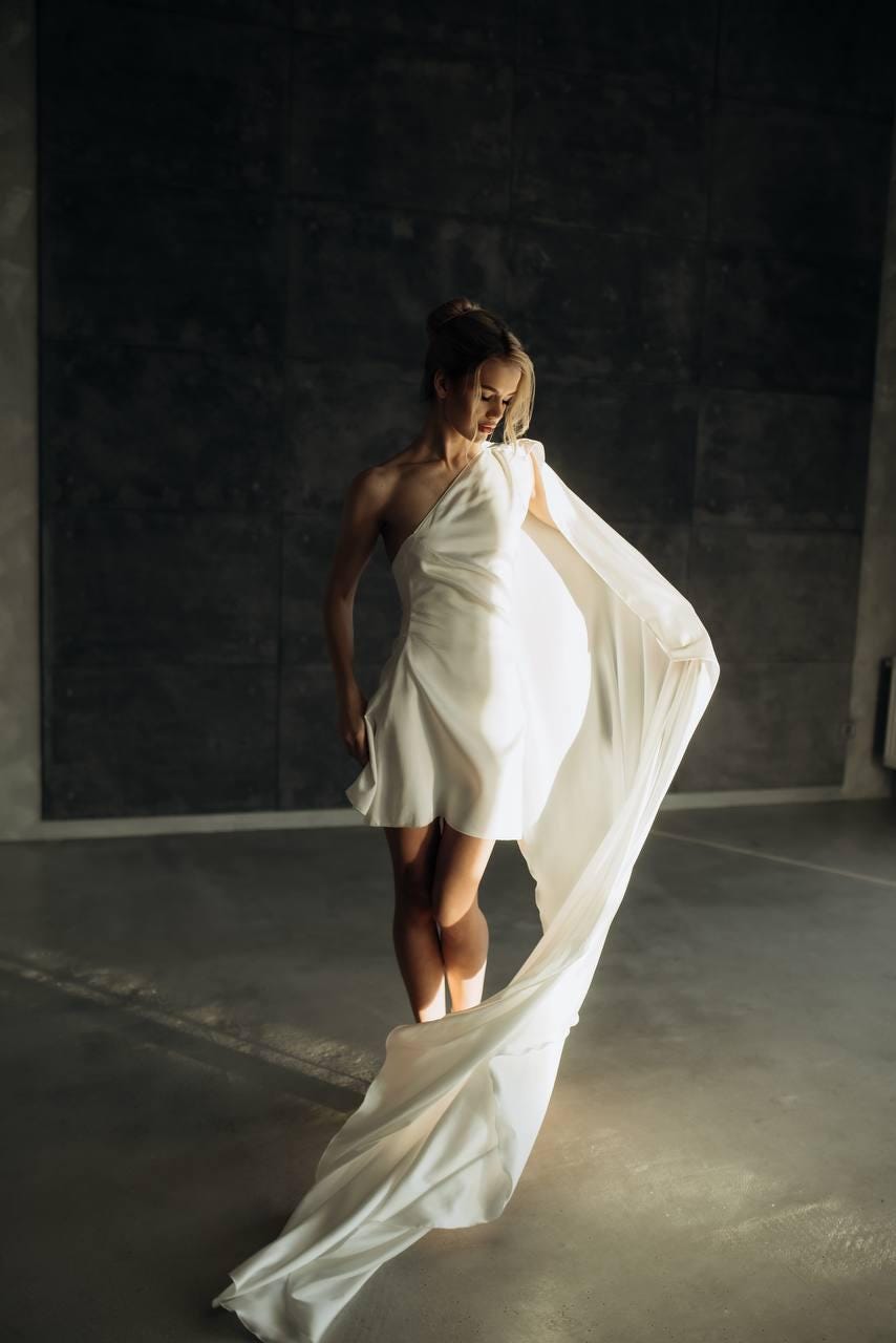 Minimalist One-Shoulder Satin Wedding Dress with Long Train, Ivory Custom Bridal Gown