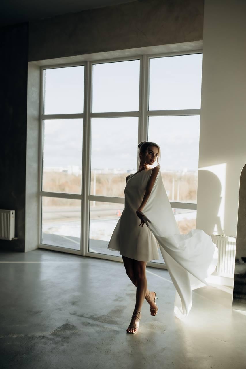 Minimalist One-Shoulder Satin Wedding Dress with Long Train, Ivory Custom Bridal Gown