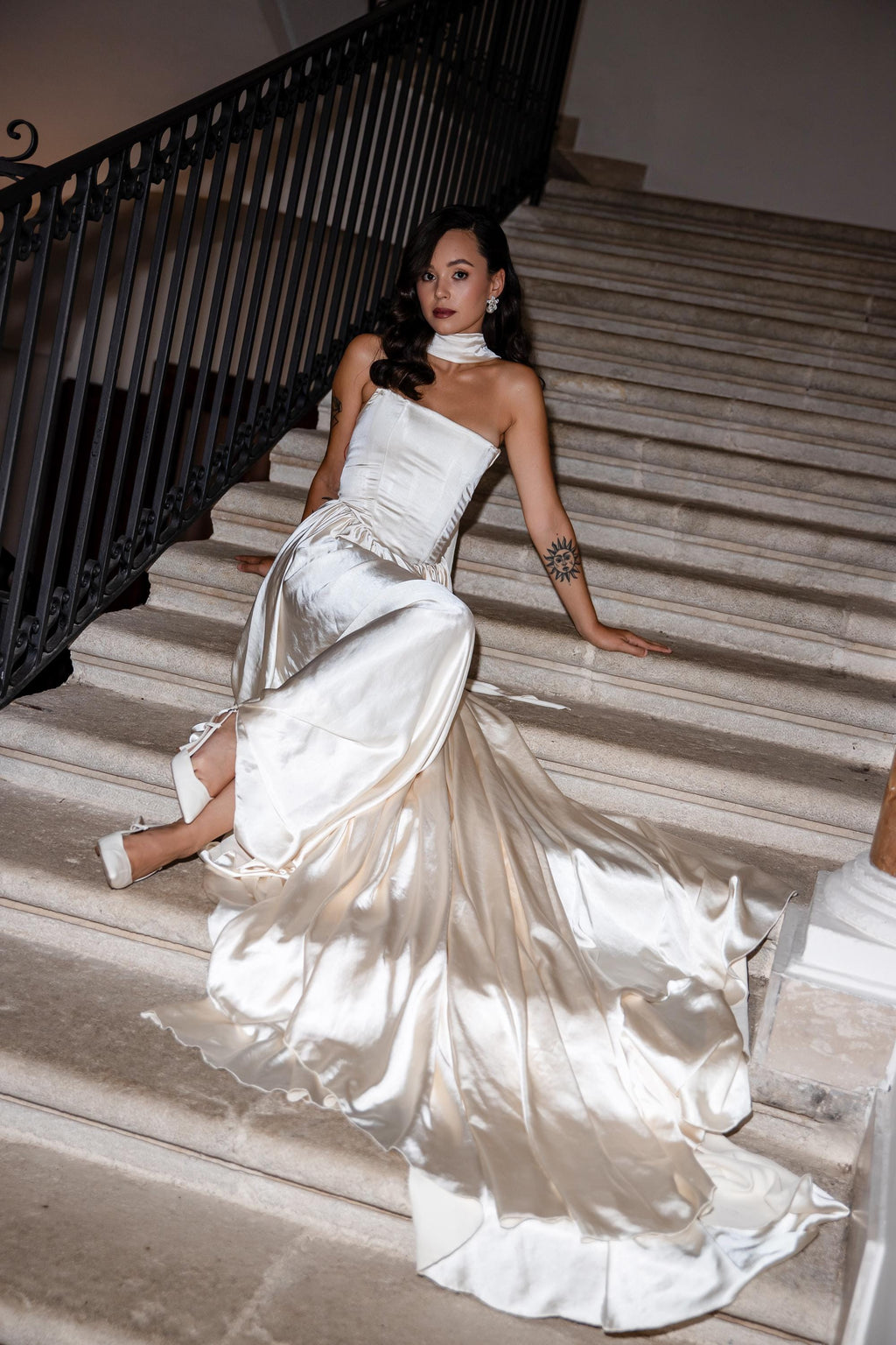 Drop Waist Satin Wedding Dress, Strapless A-Line Corset Cape Gown, Custom Made