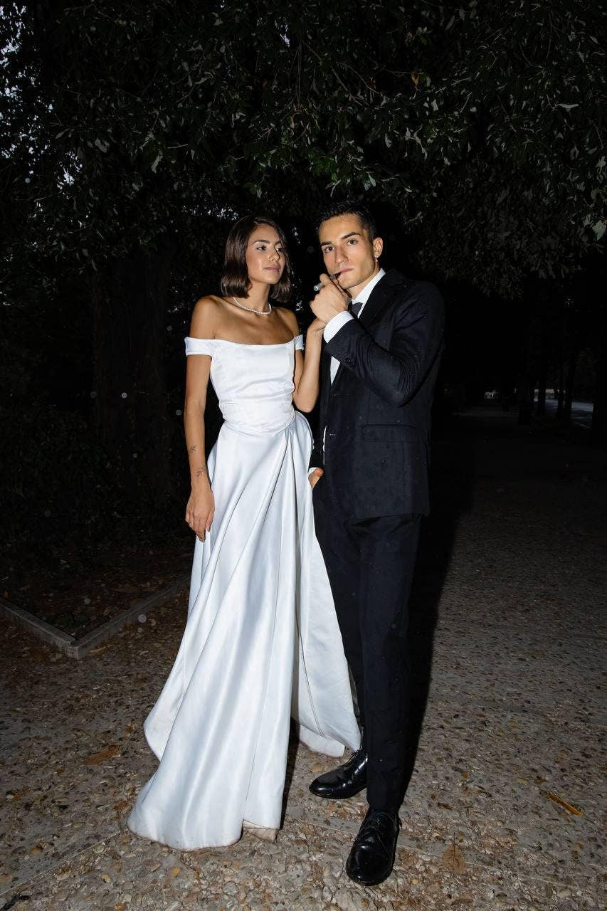Draped Wedding Dress, Off-Shoulder Satin A-Line Corset Gown, Custom