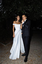 Draped Wedding Dress, Off-Shoulder Satin A-Line Corset Gown, Custom