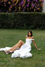 Draped Wedding Dress, Off-Shoulder Satin A-Line Corset Gown, Custom