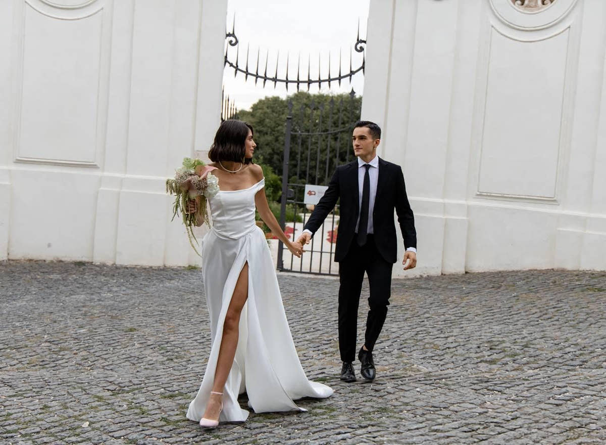 Draped Wedding Dress, Off-Shoulder Satin A-Line Corset Gown, Custom
