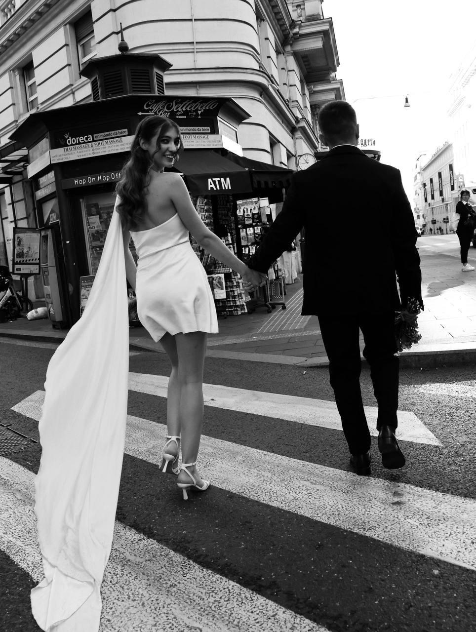 Minimalist One-Shoulder Satin Wedding Dress with Long Train, Ivory Custom Bridal Gown