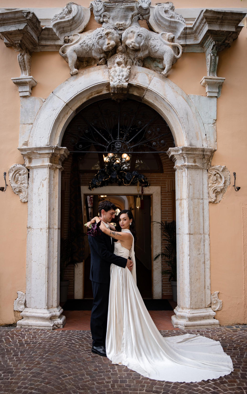 Drop Waist Satin Wedding Dress, Strapless A-Line Corset Cape Gown, Custom Made