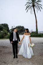 Draped Wedding Dress, Off-Shoulder Satin A-Line Corset Gown, Custom