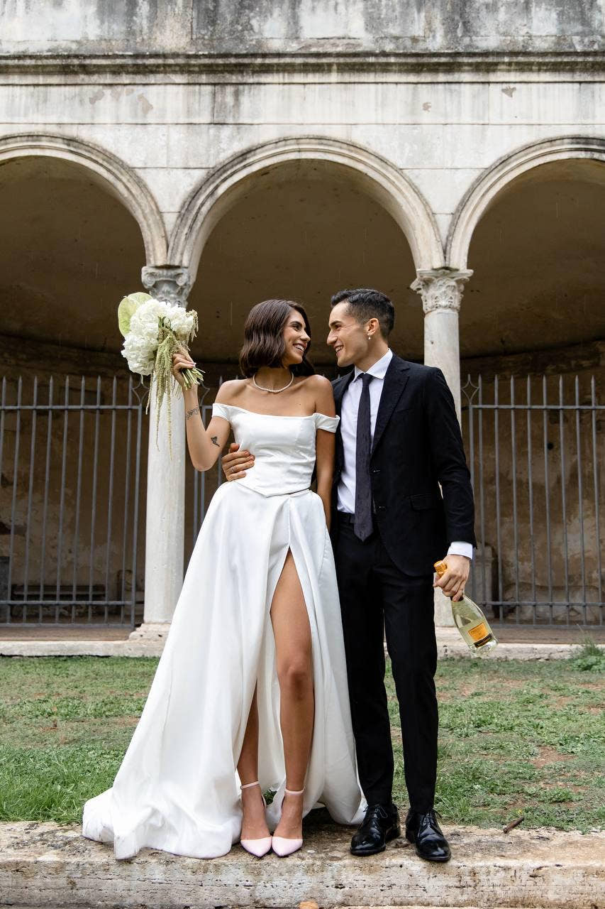 Draped Wedding Dress, Off-Shoulder Satin A-Line Corset Gown, Custom
