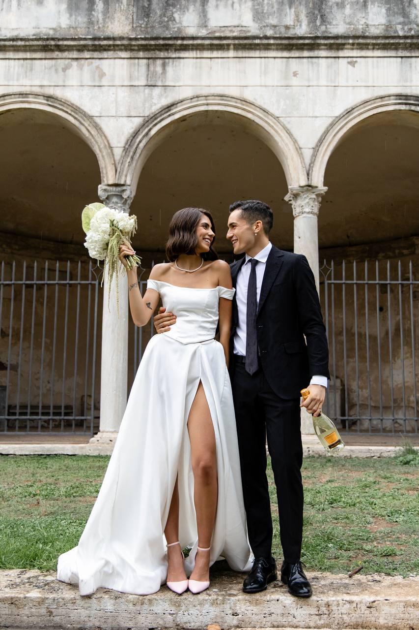 Draped Wedding Dress, Off-Shoulder Satin A-Line Corset Gown, Custom