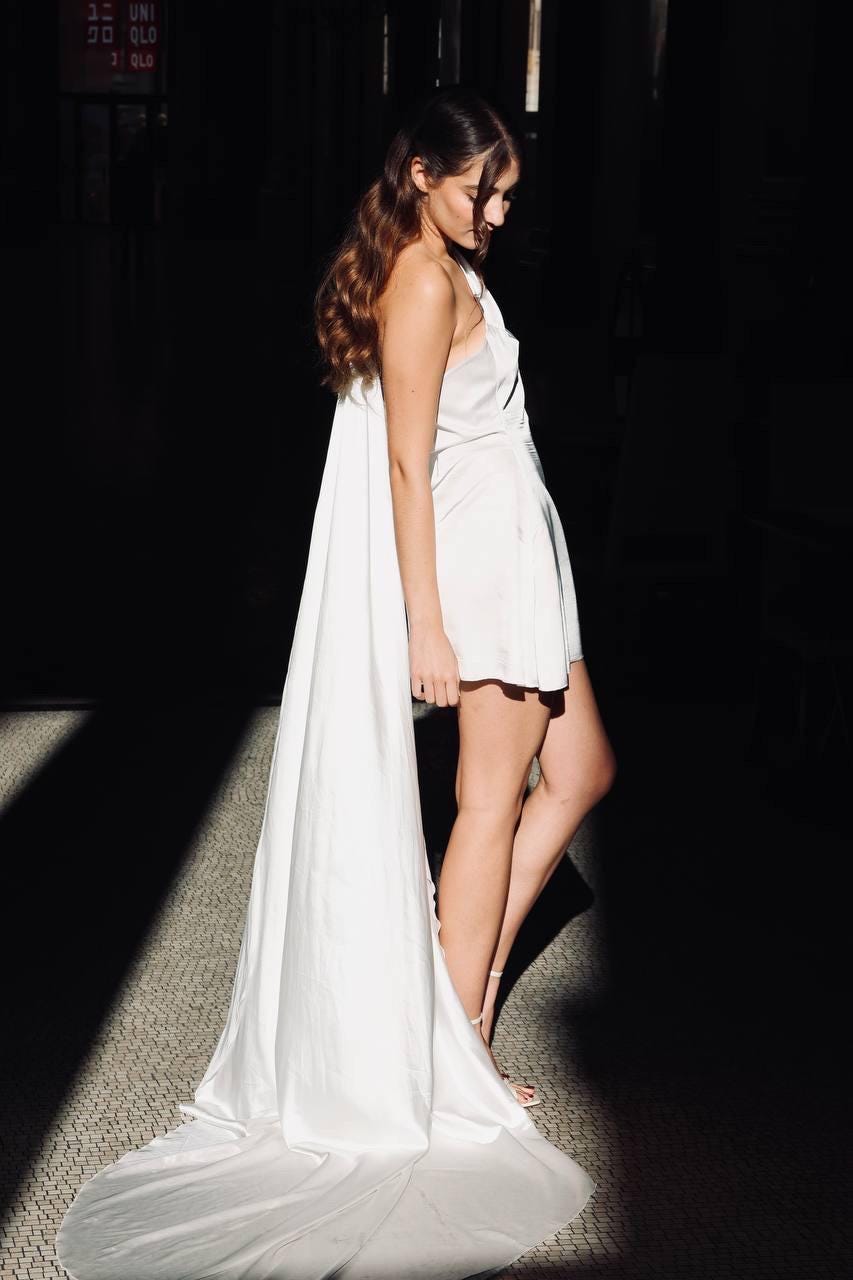 Minimalist One-Shoulder Satin Wedding Dress with Long Train, Ivory Custom Bridal Gown