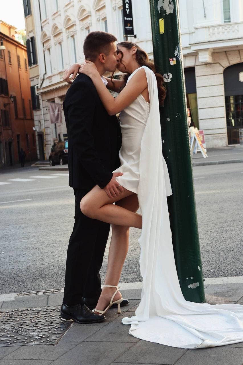 Minimalist One-Shoulder Satin Wedding Dress with Long Train, Ivory Custom Bridal Gown