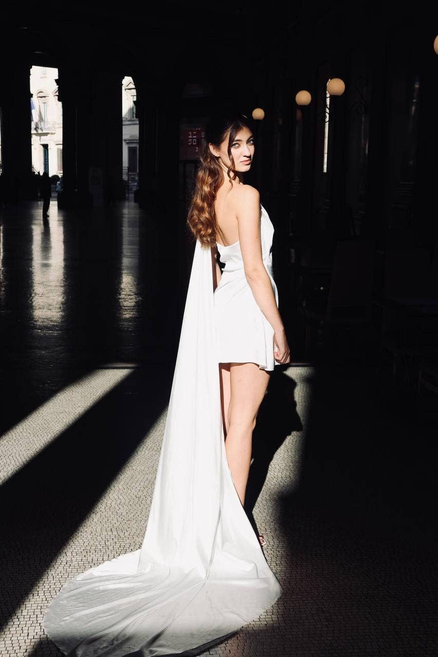 Minimalist One-Shoulder Satin Wedding Dress with Long Train, Ivory Custom Bridal Gown