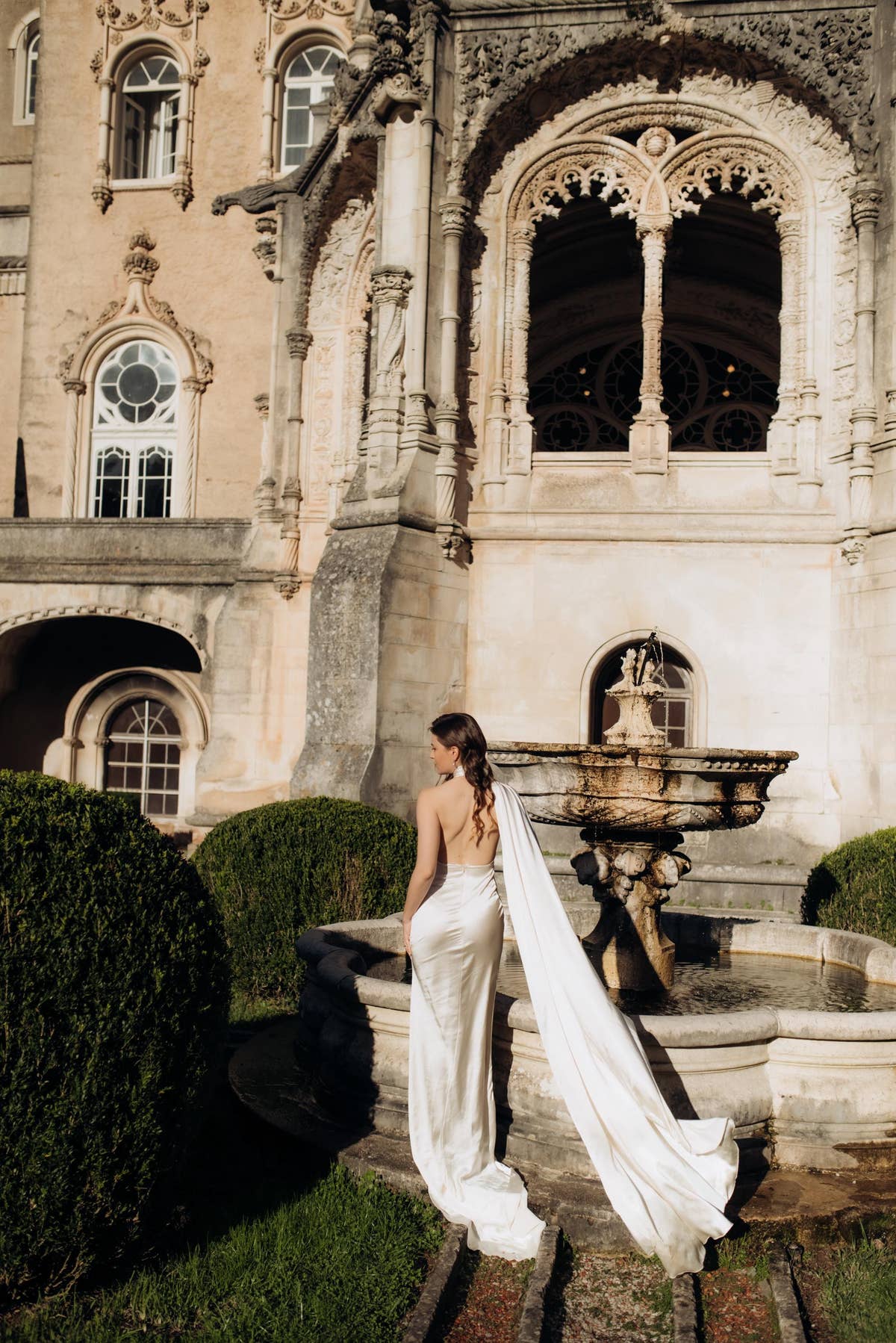 Halter Wedding Dress with Detachable Cape, Backless Satin Sheath Gown, Custom
