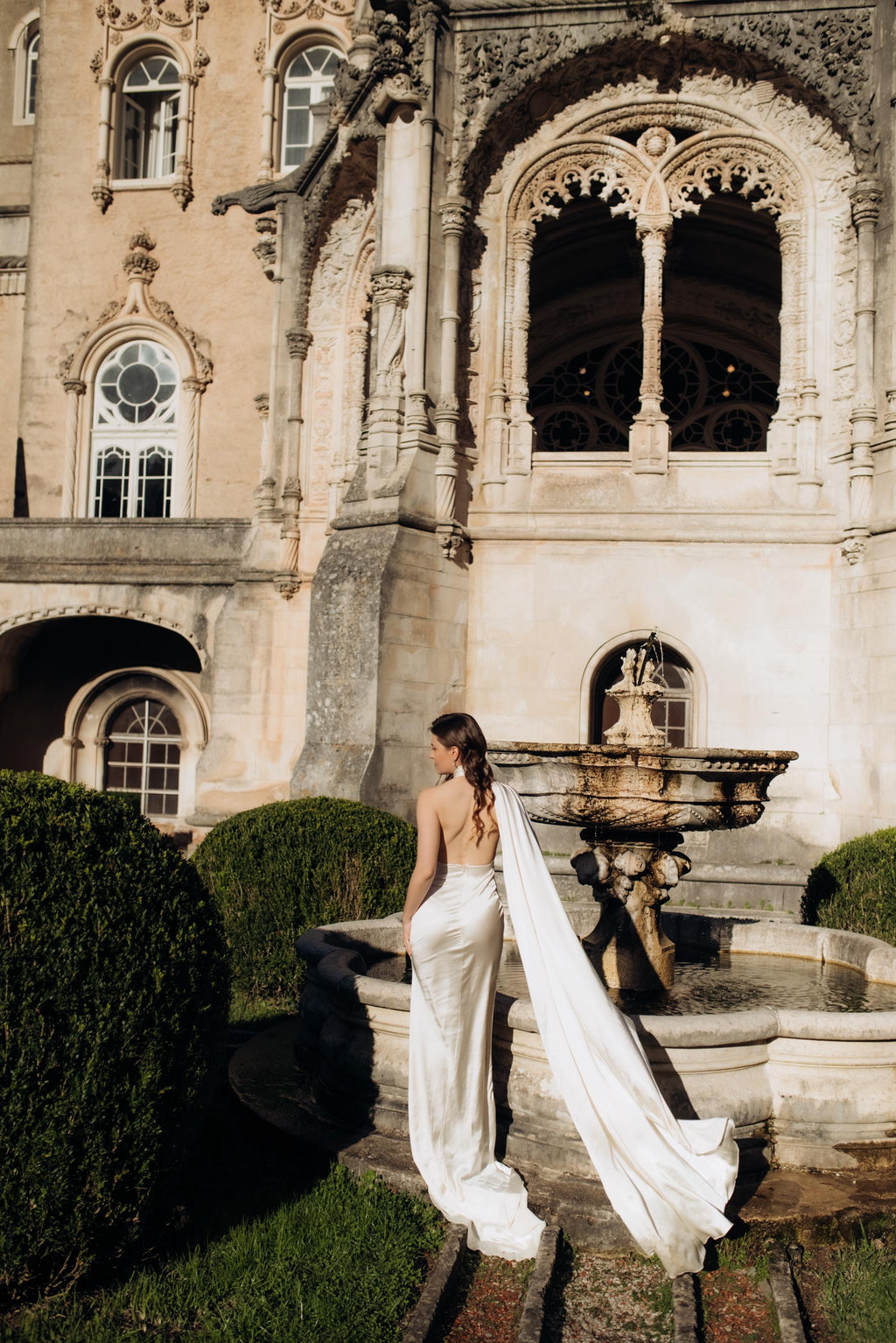 Halter Wedding Dress with Detachable Cape, Backless Satin Sheath Gown, Custom