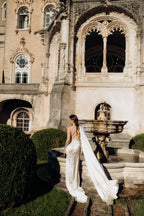 Halter Wedding Dress with Detachable Cape, Backless Satin Sheath Gown, Custom