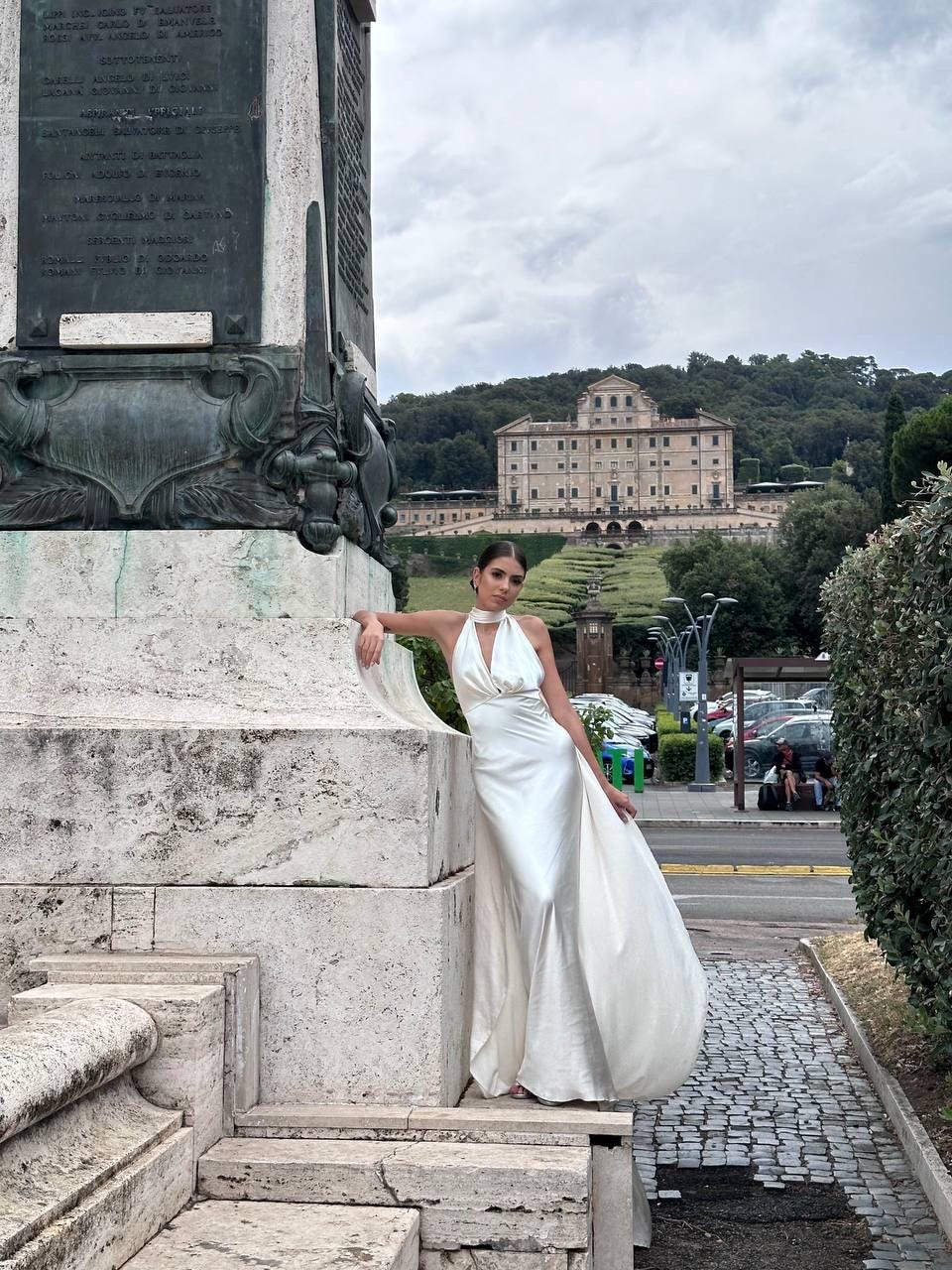 Halter Wedding Dress with Detachable Cape, Backless Satin Sheath Gown, Custom