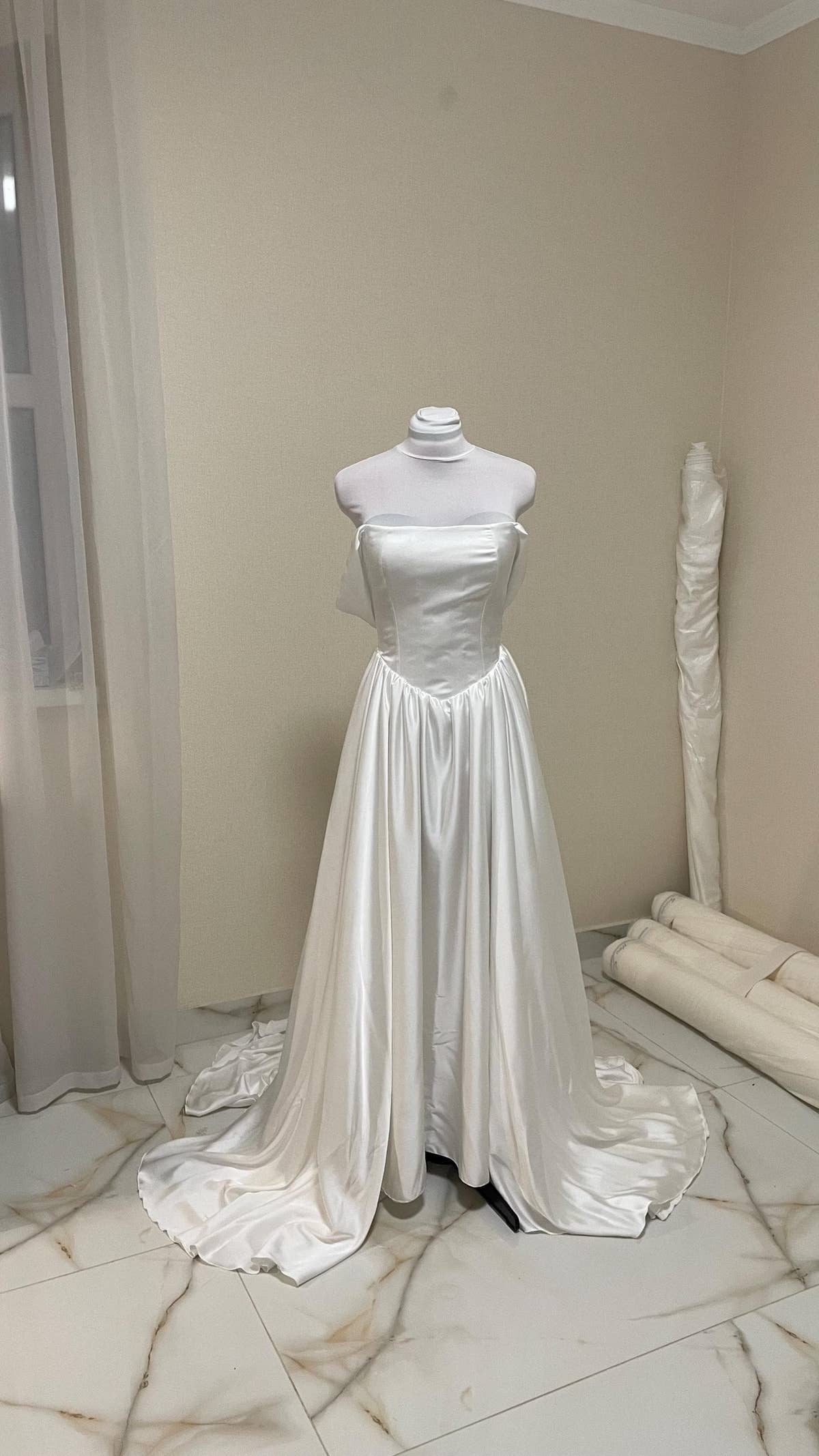 Simple Satin Wedding Dress, Detachable Sleeves, Off-Shoulder A-Line Gown