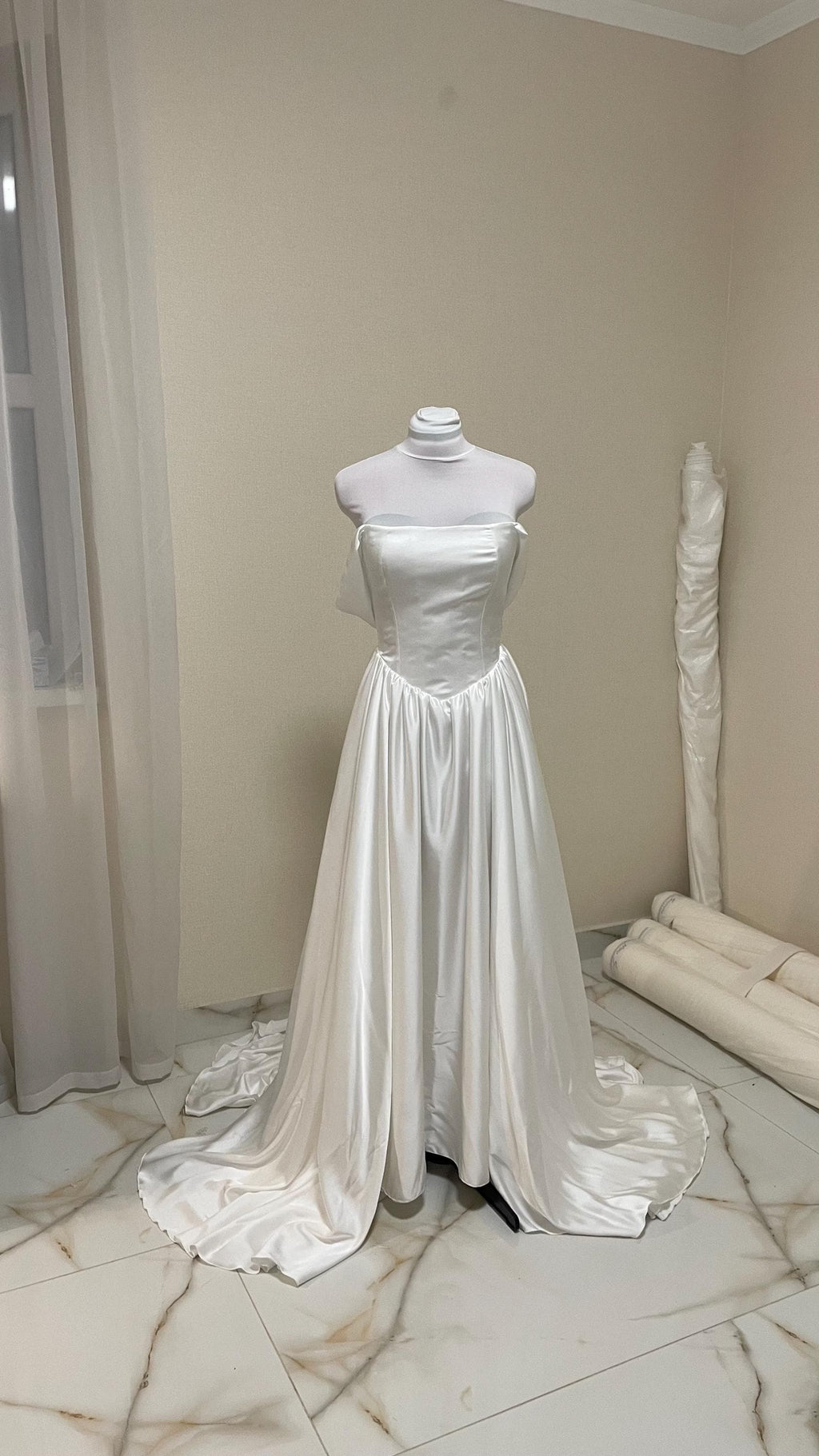 Simple Satin Wedding Dress, Detachable Sleeves, Off-Shoulder A-Line Gown