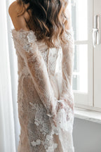 Off-Shoulder Lace Mermaid Wedding Dress, Sheer Corset Bridal Gown with 3D Flowers, Custom