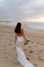 Halter Wedding Dress with Detachable Cape, Backless Satin Sheath Gown, Custom
