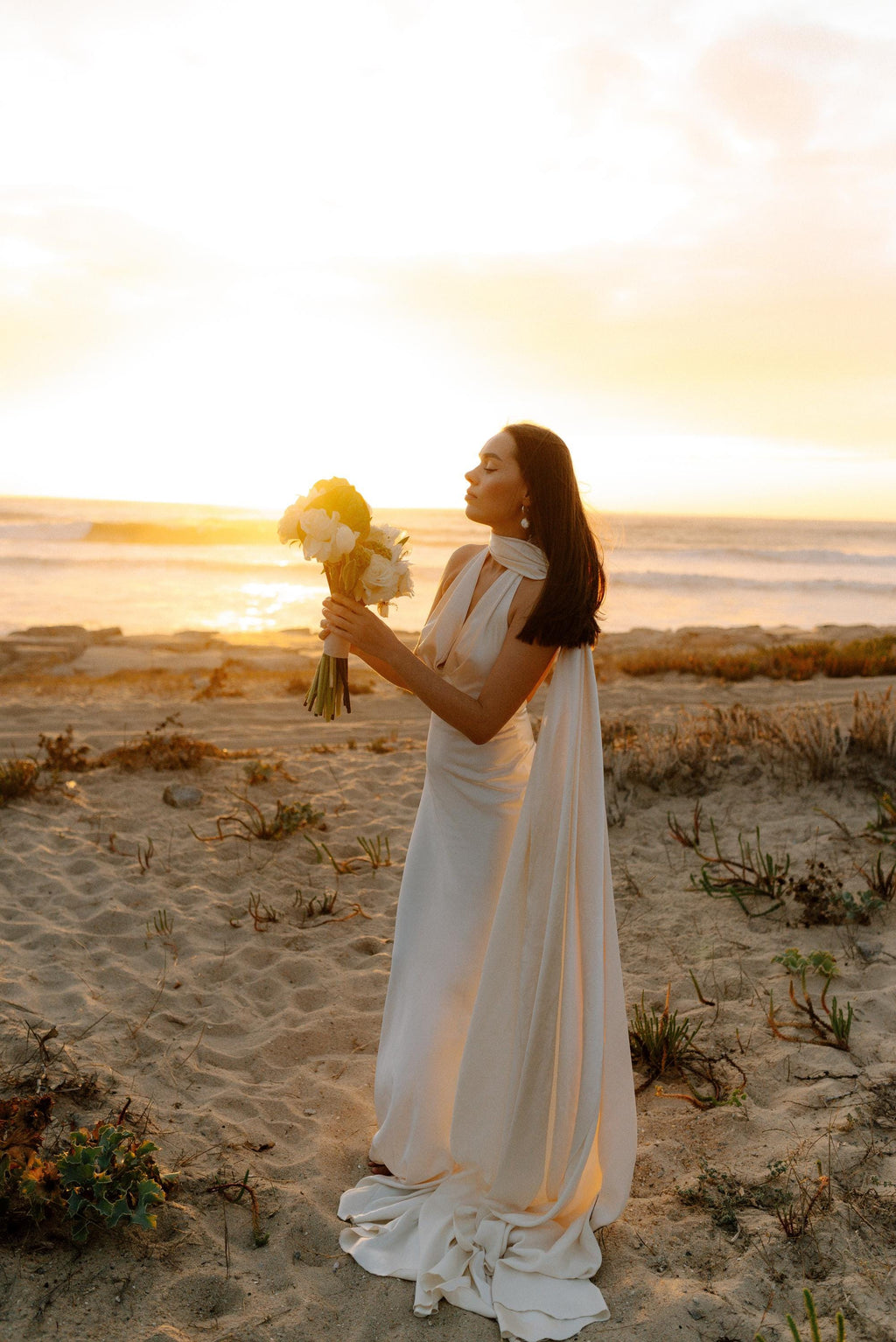 Halter Wedding Dress with Detachable Cape, Backless Satin Sheath Gown, Custom