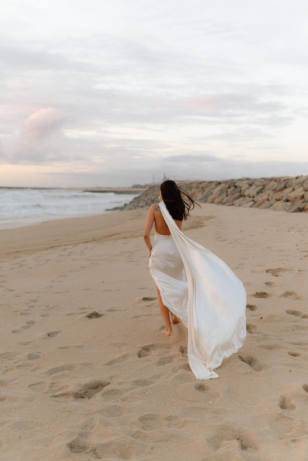 Halter Wedding Dress with Detachable Cape, Backless Satin Sheath Gown, Custom