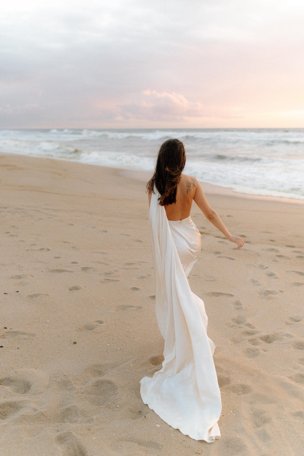 Halter Wedding Dress with Detachable Cape, Backless Satin Sheath Gown, Custom